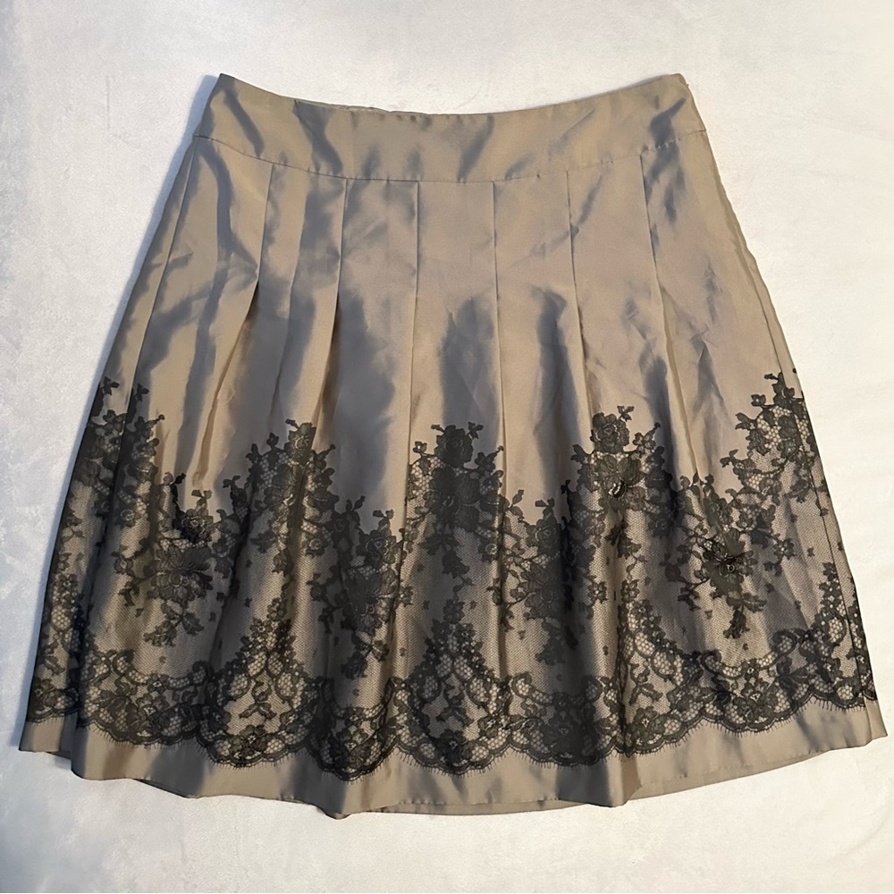 Ann Taylor Taupe Shimmer Printed Black Lace Pleated A Line Skirt Womens 16